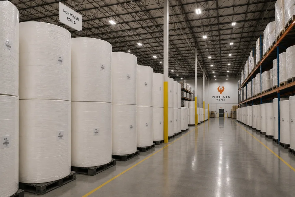 Nonwoven substrate rolls stored at the Phoenix Wipes wet wipes manufacturing facility in New York