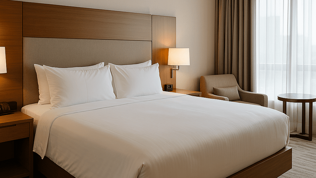 A modern, well-lit hotel room featuring a neatly made bed, contemporary furniture, and warm ambient lighting, designed to convey comfort and cleanliness.