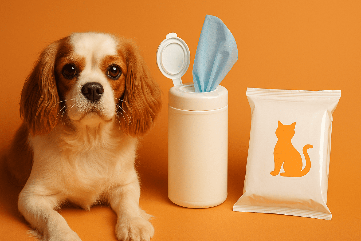 Cavalier King Charles Spaniel next to pet wipes packaging on orange background promoting private label pet grooming products