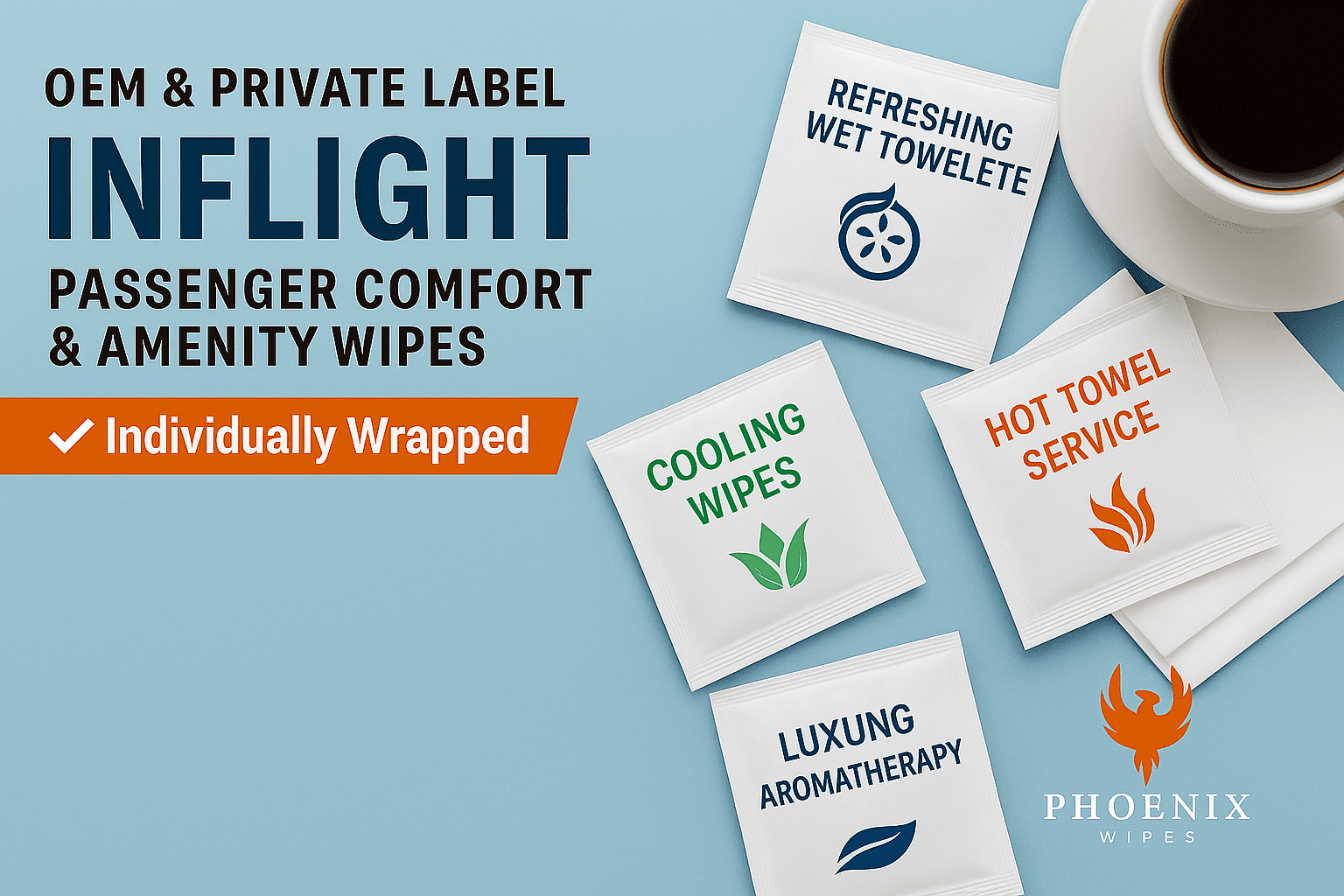 Private label inflight and airline wet wipes by Phoenix Wipes