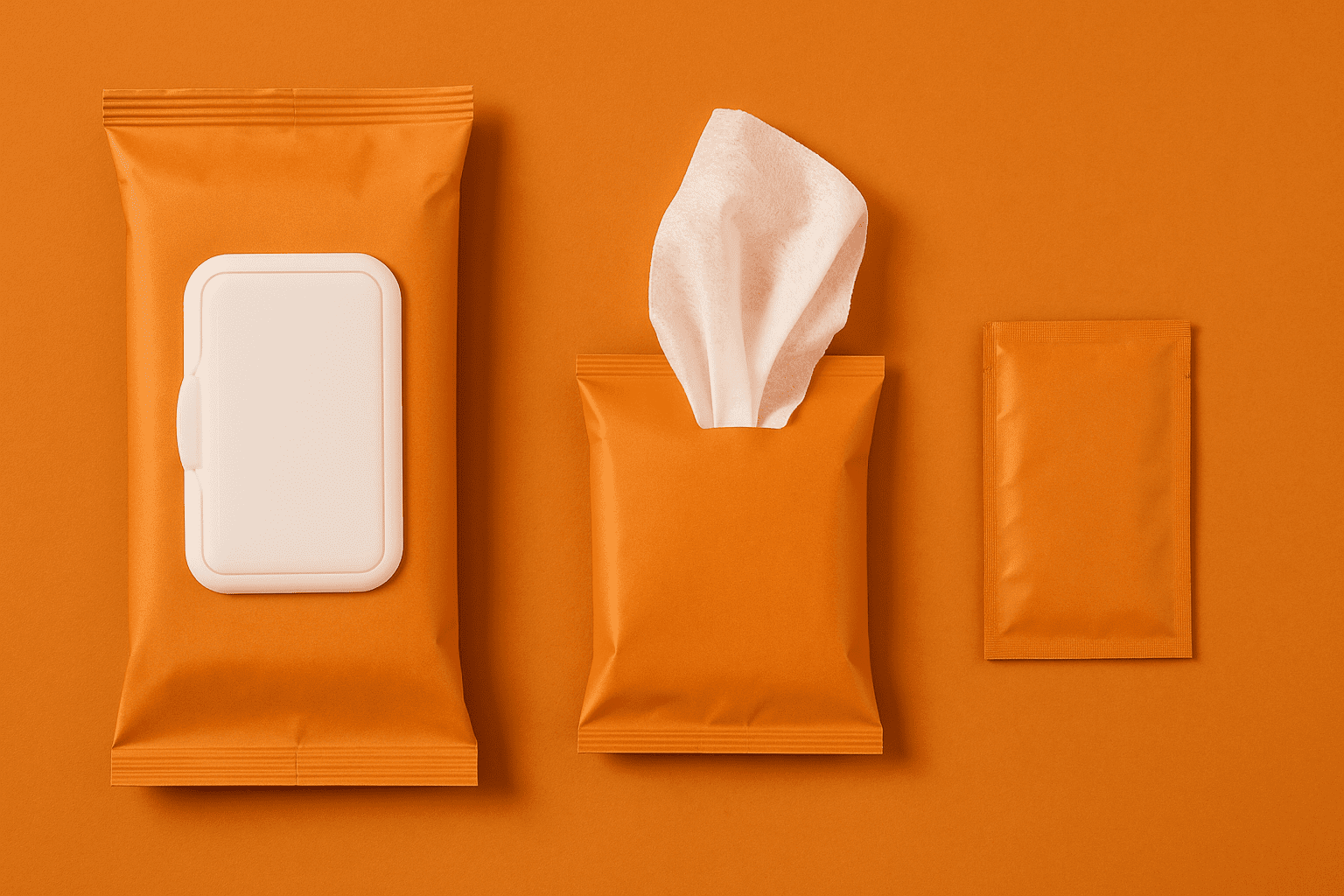Minimalist image of three orange wet wipe packages (flip-top, resealable, and single sachet) on a bold orange background. Ideal for hygiene product branding and private label marketing visuals.