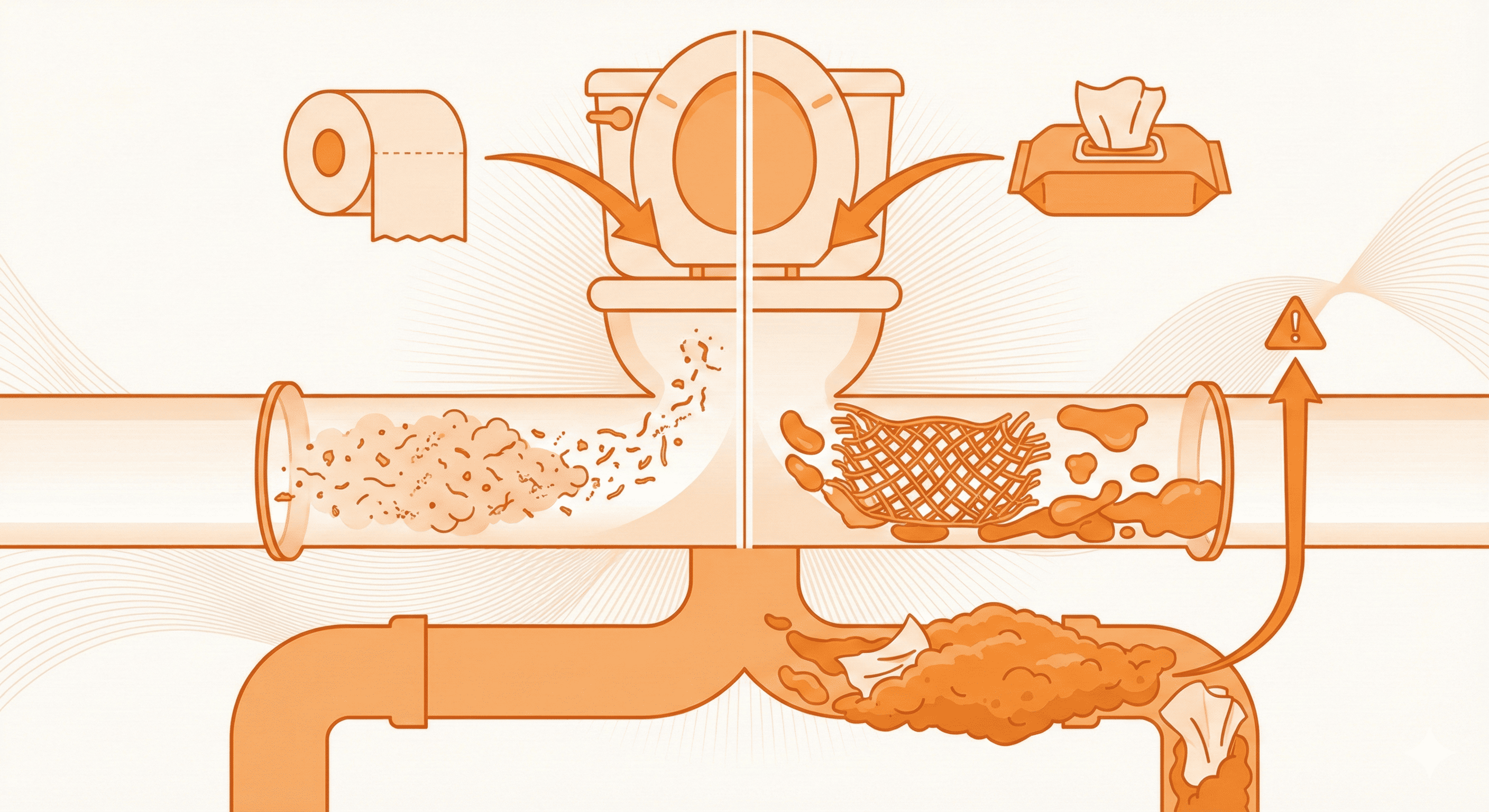 A modern, monochromatic orange infographic illustrating the difference between flushing toilet paper and wet wipes.