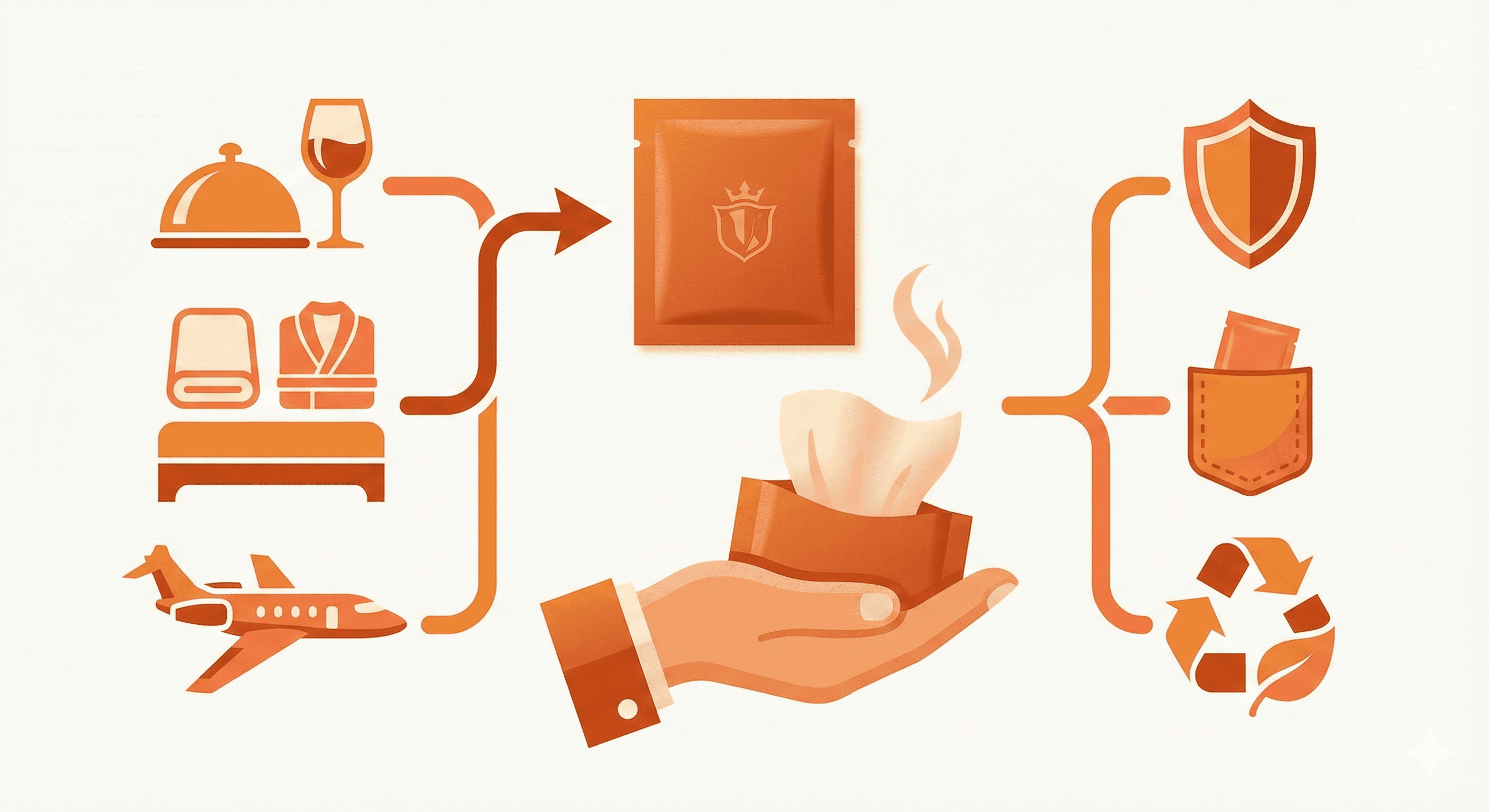 Orange vector infographic showing the transition from luxury hospitality services to custom branded wet wipe amenities and their benefits
